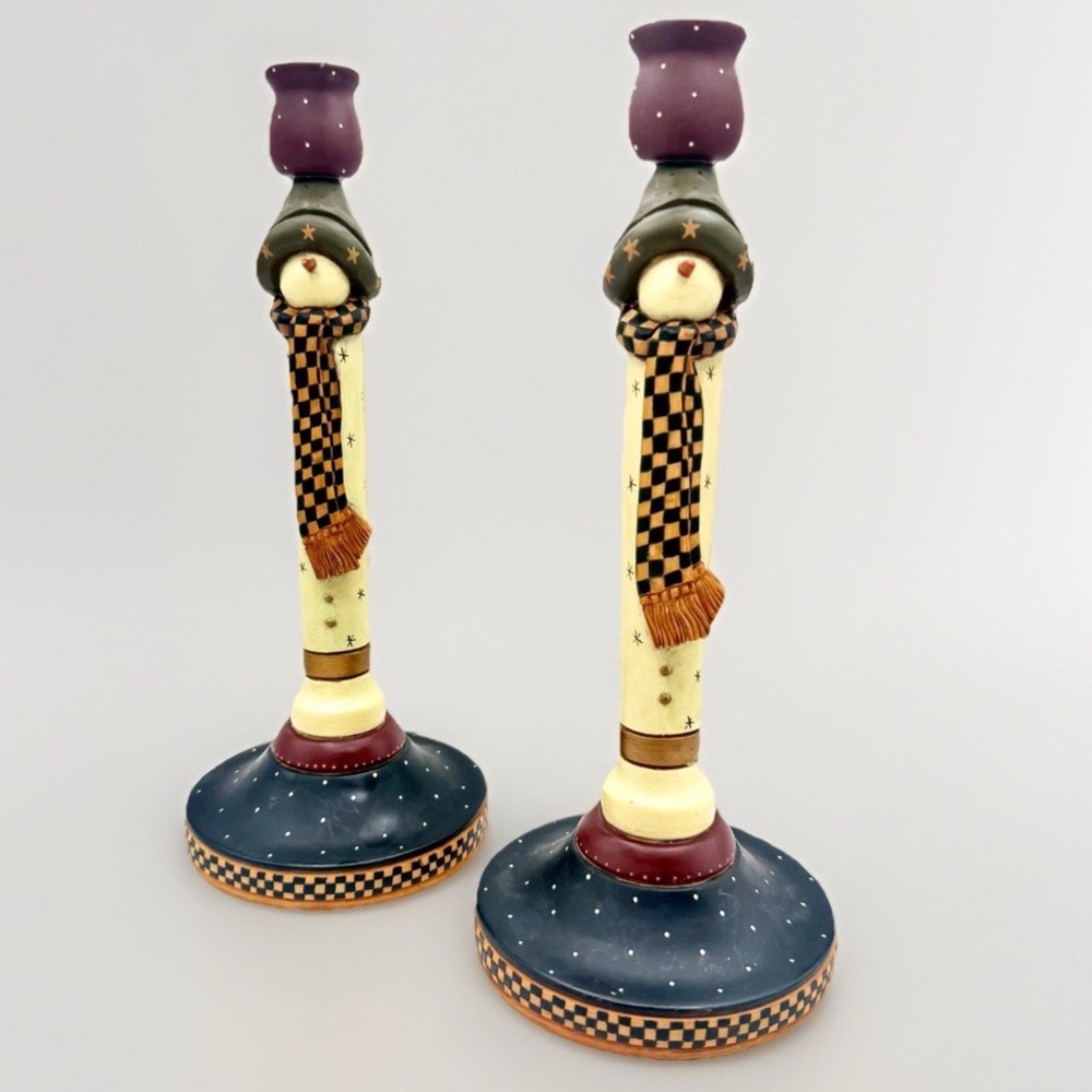 Williraye Studio Snowman Candlestick Pair VTG 1997 WW2228 Folk Art Handpainted
